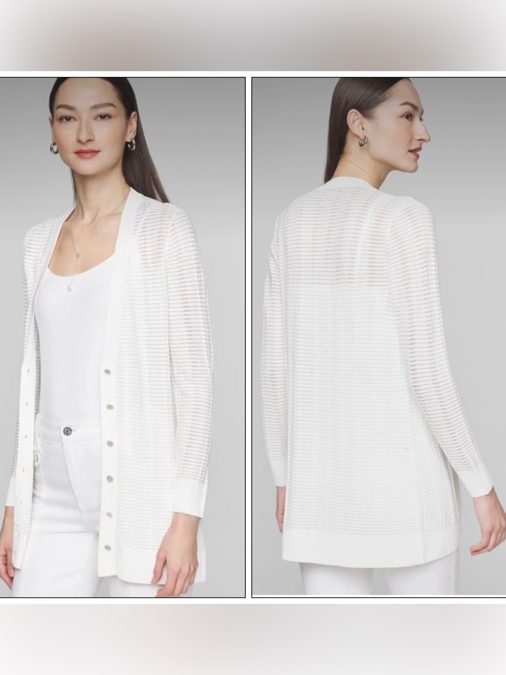 White House Black Market White Open-Knit Button-Front Long Cardigan